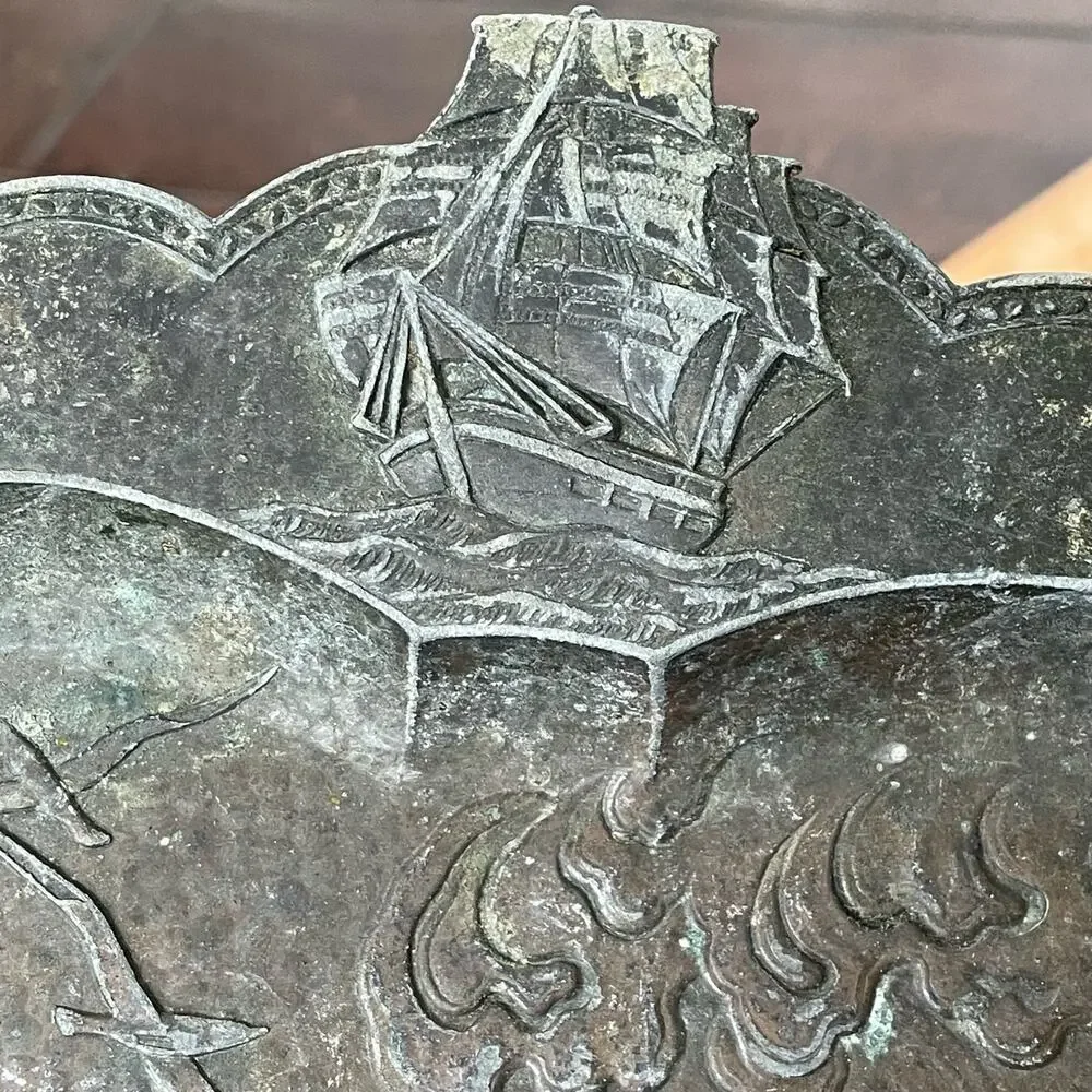 Antique Metal Crumb Catcher Dustpan Set Embossed Ship Schooner No Bristles READ